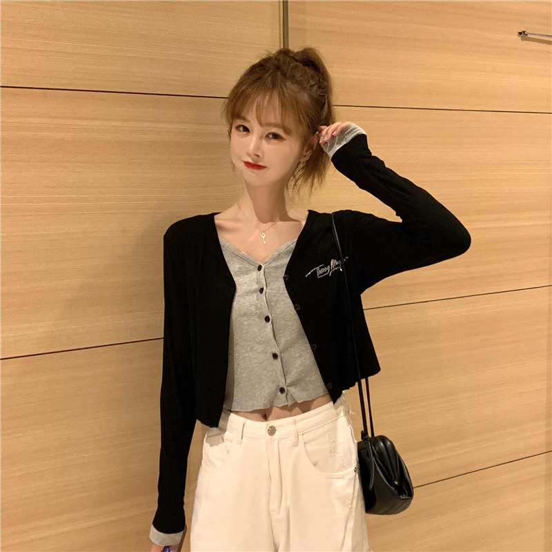 Early spring and autumn dress fake two-piece diamond knitted top women's long-sleeved T-shirt trend cardigan chic port flavor small coat fried street