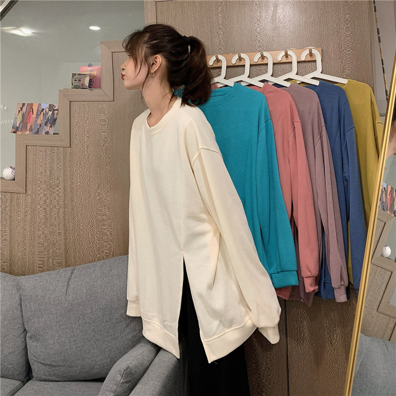 Spring and autumn design sense niche split long fleece Women's round neck wild Korean version loose lazy wind top