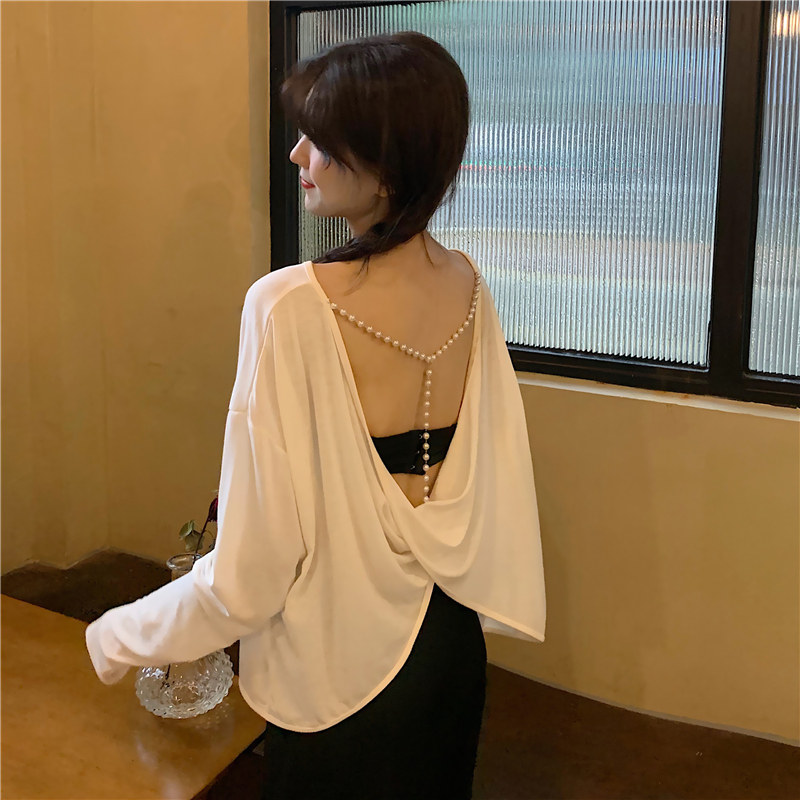 Spring and autumn chic port flavor sexy backless nightclub bungee top loose design small crowd long-sleeved T-shirt women's clothing