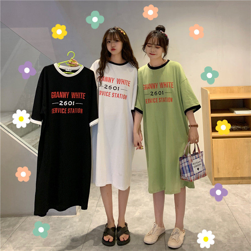 Large size European goods small shirt foreign air 2021 new summer short-sleeved T-shirt dress straight loose mid-length ins top