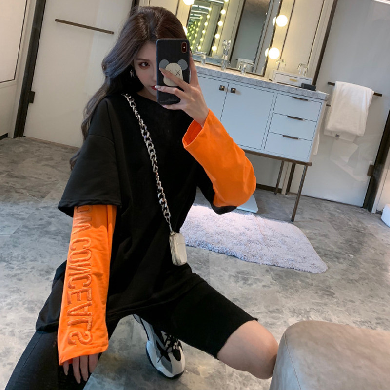 Autumn 2021 new Korean version large size loose fake two tops in the long section of Hong Kong style long-sleeved T-shirt female ins tide