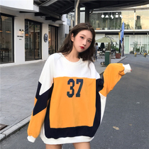 Pullover sweater womens loose bf lazy wind Korean spring 2021 womens European goods splicing large size thin top clothes
