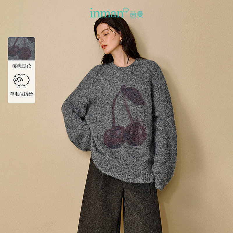 [Sale Clearance] Yinman Lazy Style Cherry Jacquard Sweater Winter Round Neck Loose Pullover Knitted Top