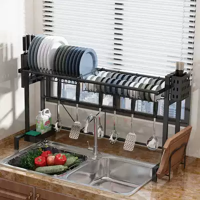 Stainless steel sink sink bowl rack drain bowl rack dish rack kitchenware supplies Black storage layer rack kitchen rack