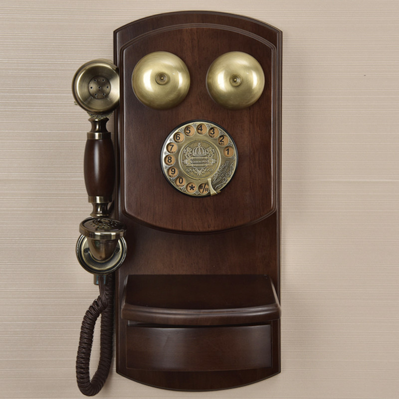 Wall-mounted telephone European retro vintage telephone Solid wood home rotary dial American home fixed telephone