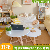 Simple solid wood coffee table small apartment ins living room Japanese round table minimalist low table bedroom net red white small table