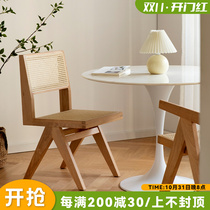 Chandigarh solid wood rattan chair backrest wabi-sabi wind Japanese retro dining chair simple household medieval leisure chair