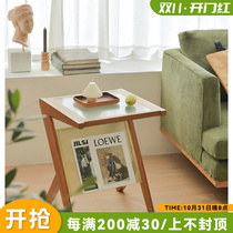 Sofa light luxury glass side table solid wood Japanese ins small table small coffee table mini living room side table retro corner table