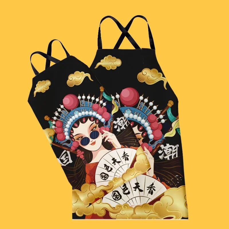 China Wind Apron Skirt New Chinese China Tide Home Kitchen Fashion Cotton Linen Cartoon Cooking Apron Central Dining Room Working Clothes