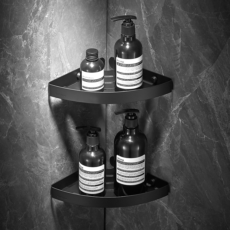 Shower room 304 stainless steel triangle basket without punching powder room rack wall hanging black bathroom corner storage
