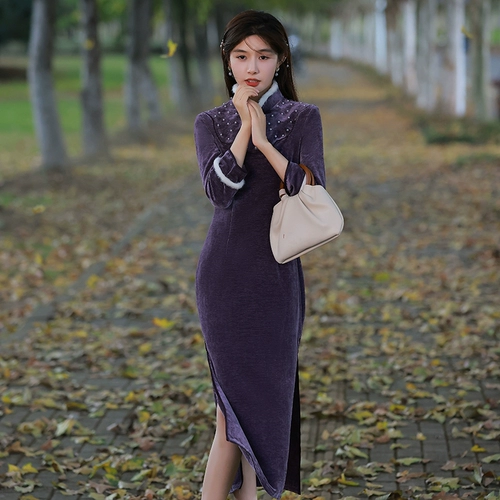 Сиреневое флисовое ретро ципао