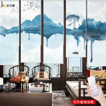 New Chinese landscape roller shutter Chan room tea room hanging curtain partition balcony Living room Bedroom waterproof electric perforated curtains