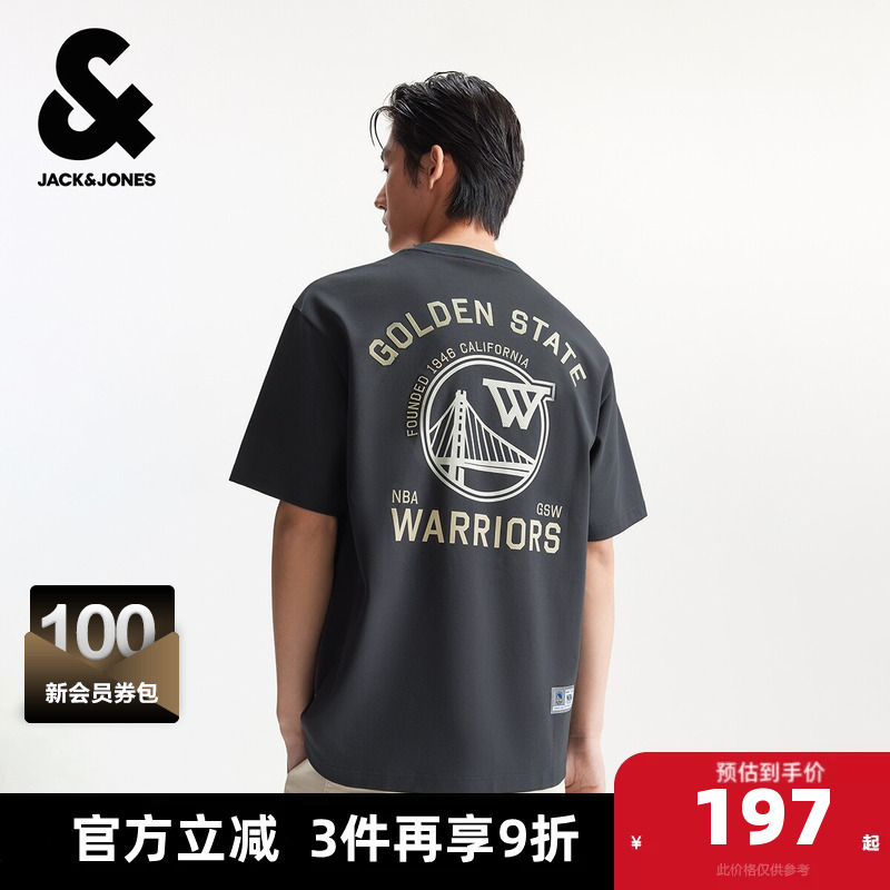 Jack Jones Men's New Summer T-Shirt Nba Collaboration with Golden State Warriors Sports Style Versatile Round Neck Short Sleeves