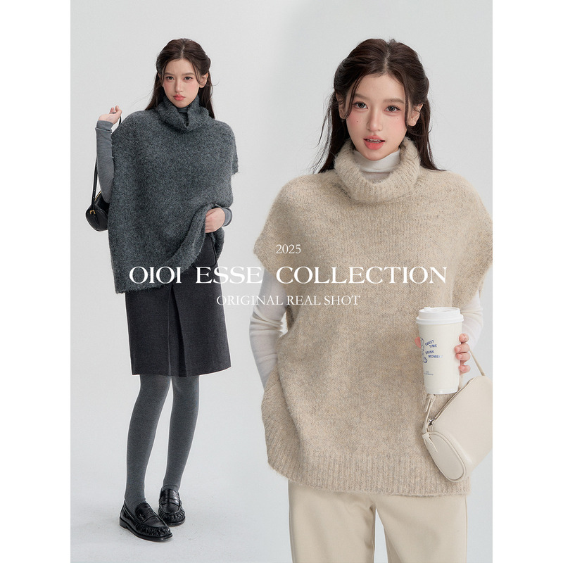Oioi Esse｜Layered Turtleneck Sleeveless Wool Knitwear for Women, Versatile and Fashionable Vest Sweater for Autumn and Winter