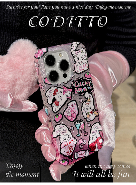 Cartoon Cute Bunny Sticker Collage Lucky Boom Happy Year Girls iPhone Case