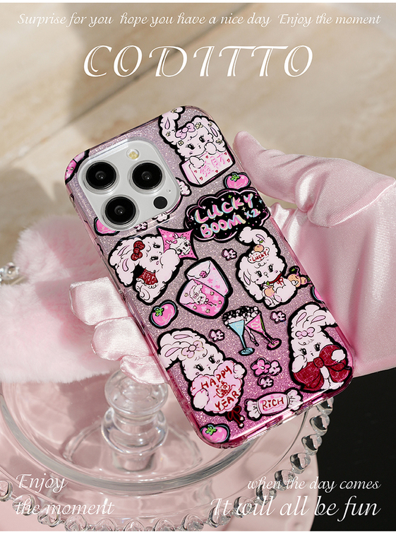Cartoon Cute Bunny Sticker Collage Lucky Boom Happy Year Girls iPhone Case