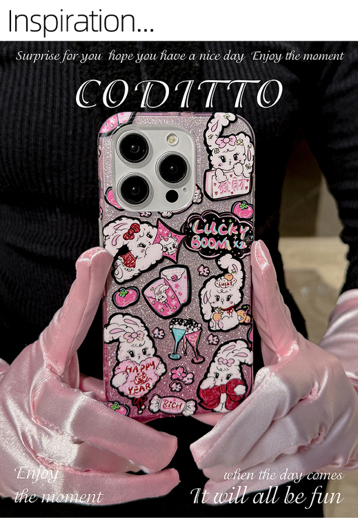 Cartoon Cute Bunny Sticker Collage Lucky Boom Happy Year Girls iPhone Case