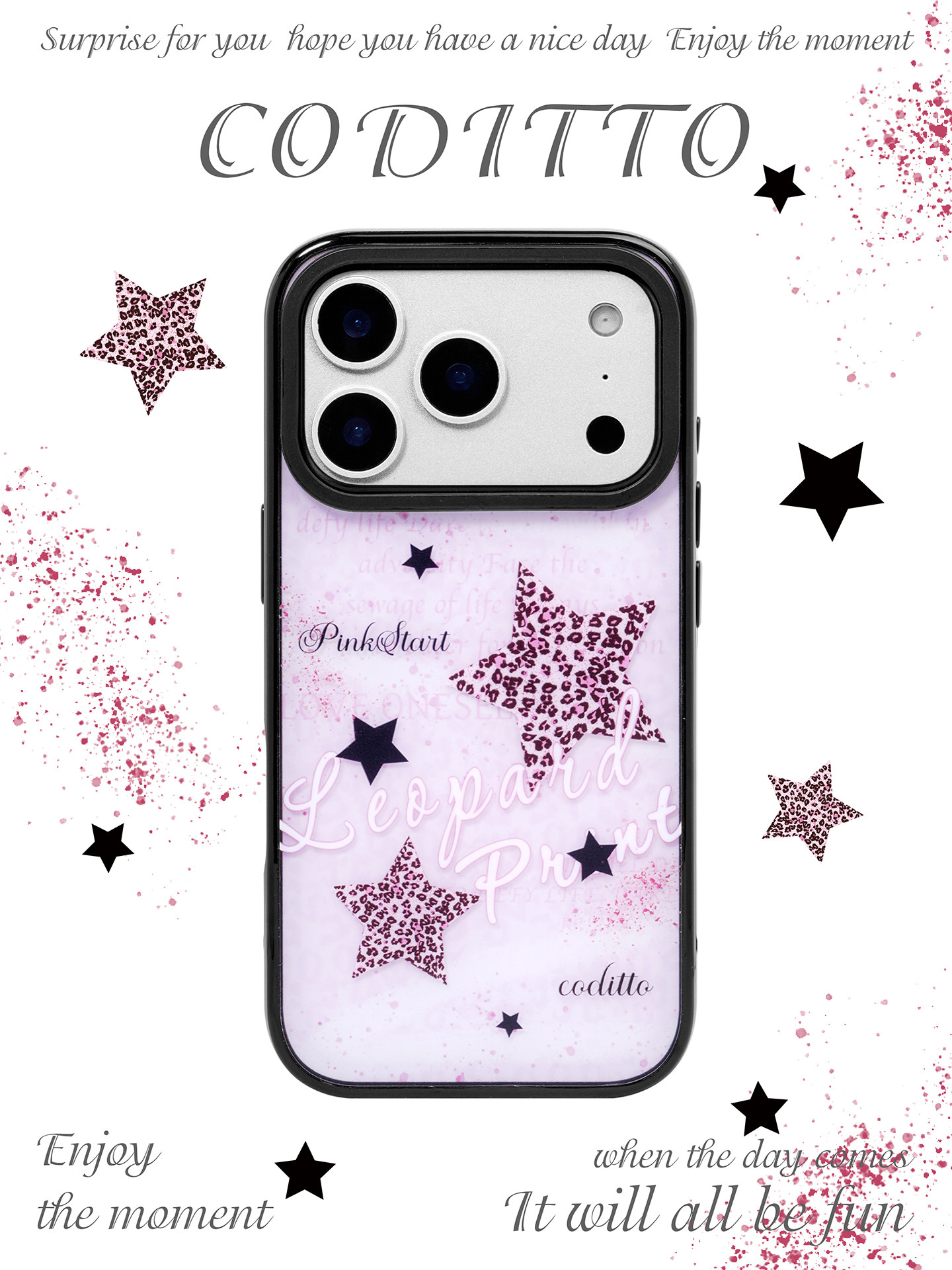Coditto Phone Case CODITTO Pink Black Stylized Leopard Print Stars Matte Phone Case for ...