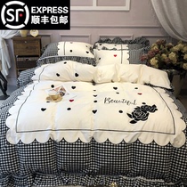 Korean style 60 long-staple cotton pure cotton Princess style four-piece set simple small fresh cute heart black and white grid bedding