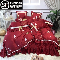 European style 60 plush cotton wedding four-piece set Pure cotton wedding embroidery happy quilt cover newlywed 1 8m bedding