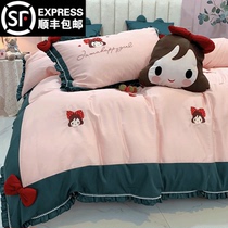 60 long-staple cotton four-piece set Cotton pure cotton Princess wind cute girl heart embroidery lace quilt cover bedding