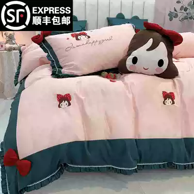 60 long-staple cotton four-piece cotton cotton princess style cute girl heart embroidery lace quilt cover bedding