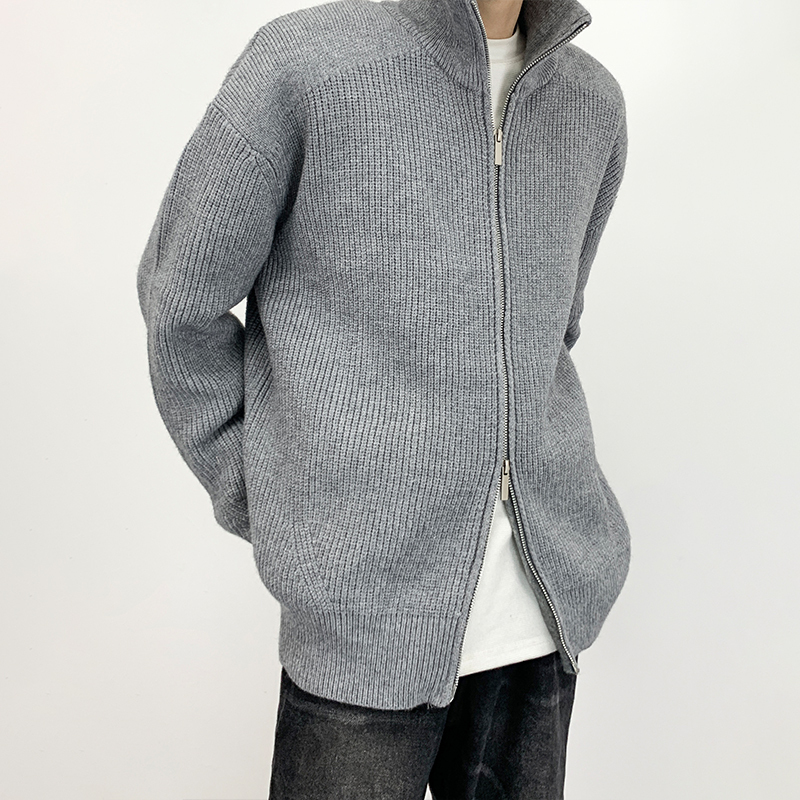 Uptrend Stand-Up Collar Double Zipper Sweater for Men, Winter Loose Korean Style Knitted Cardigan, Trendy Versatile Jacket for Men