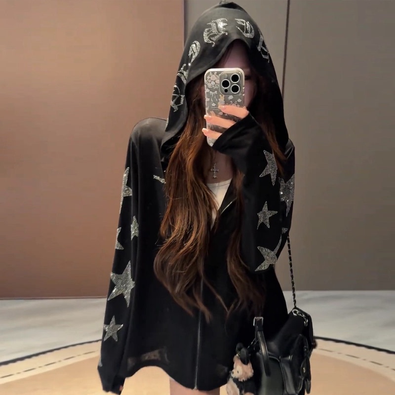 American-Style Star-Studded Long-Sleeve Hooded Sun-Protective Cardigan T-Shirt for Women, Loose Casual Air-Conditioning Cardigan Top, Trendy