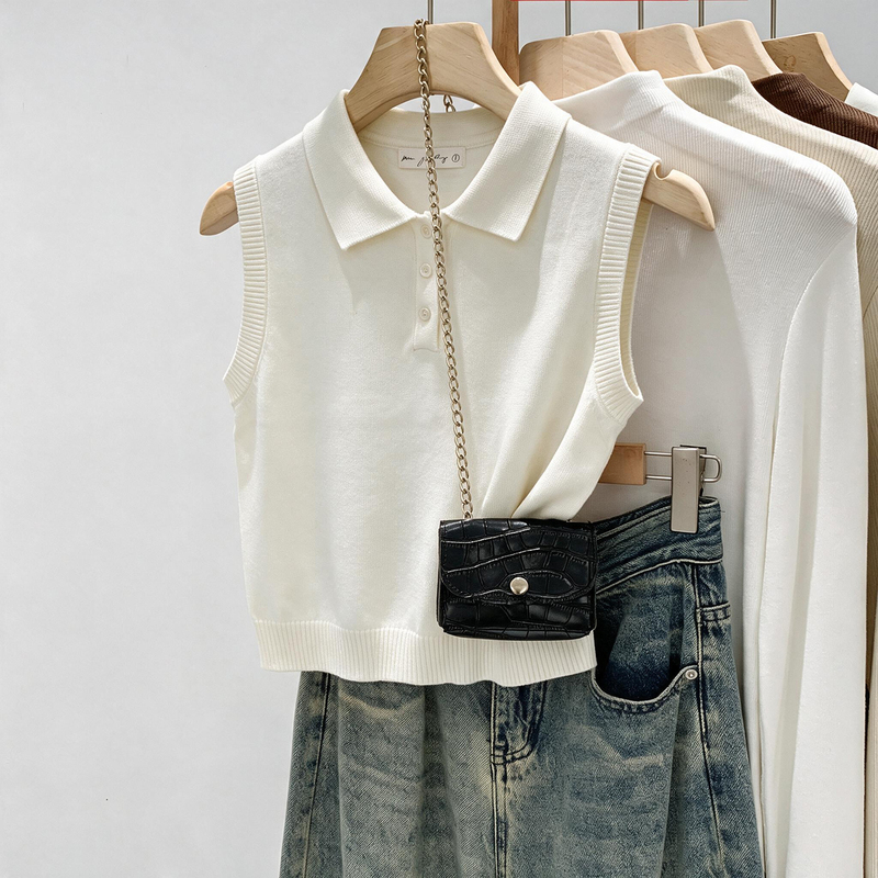 2026 New Korean Style Polo Collar Knit Vest for Women, Summer New Stylish White Sleeveless Top