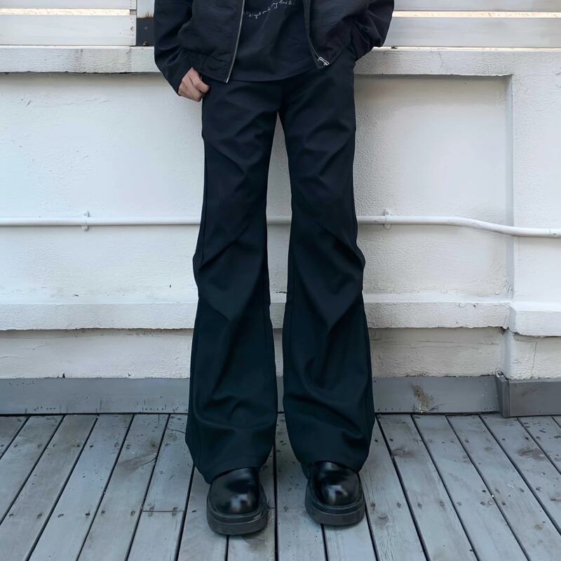 Clear Mist Pleated Design Niche Micro-Flared Drape Casual Long Trousers Unisex Black Tr Fabric