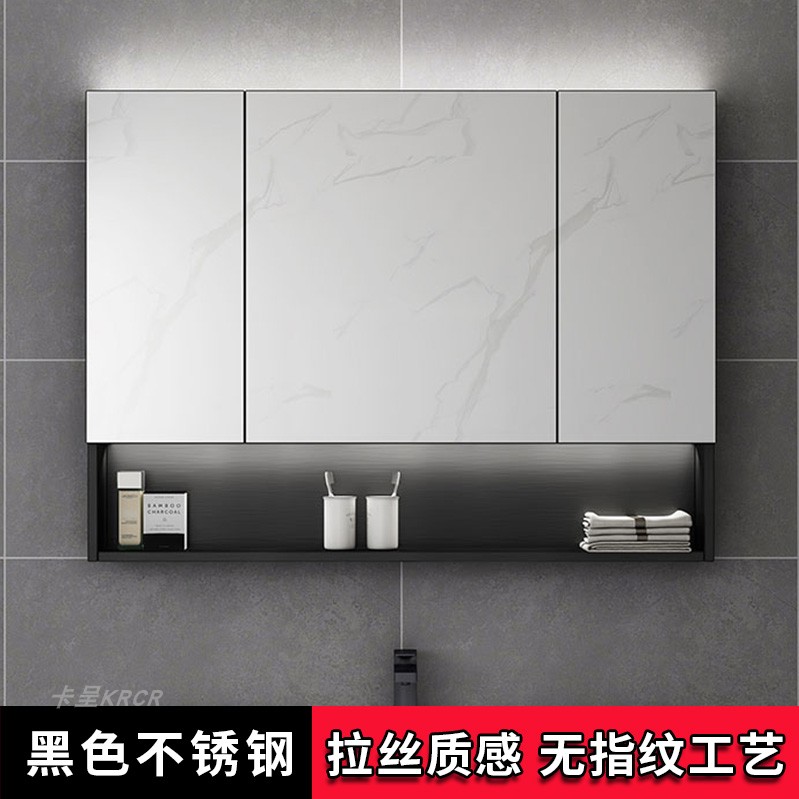 Black stainless steel bathroom mirror cabinet wall hanging mirror box with lights toilet separate wall hanging mirror shelf customization
