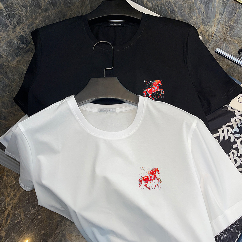Compatible with Hermès X Zhanma Collaboration Men's Short-Sleeve T-Shirt, European Edition, Red Printed Silk Cotton Summer Tee