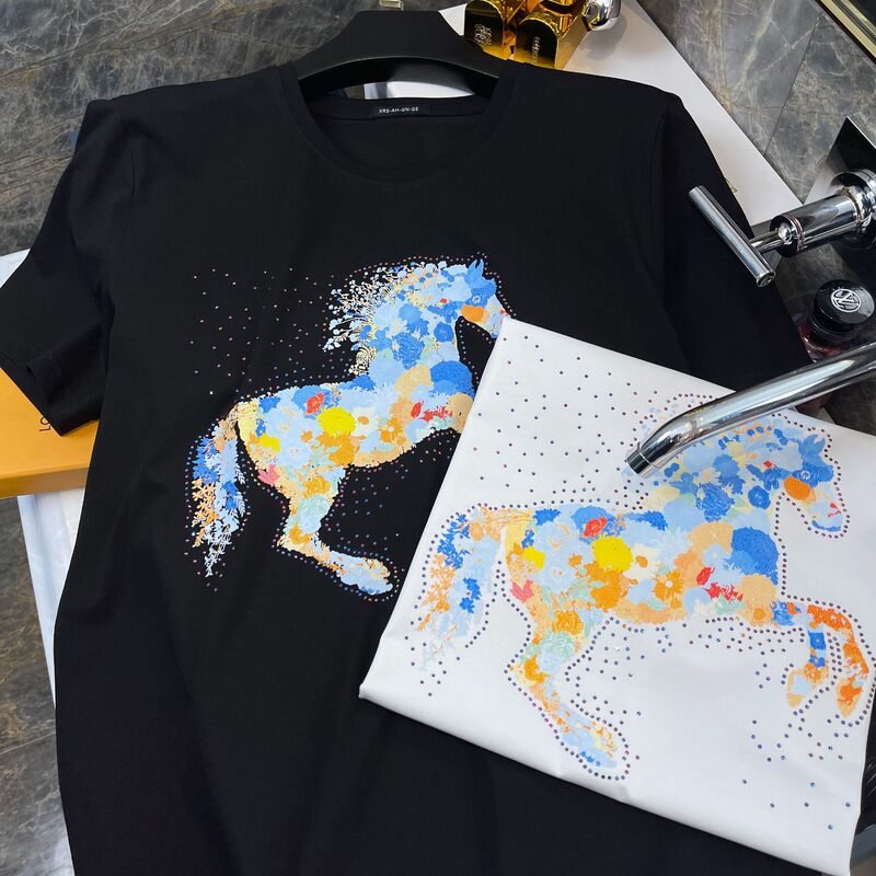 Compatible with Hermès Collaboration Ice Silk Short-Sleeve Men's T-Shirt, Loose Fit, Regular Shoulder, Casual Half-Sleeve