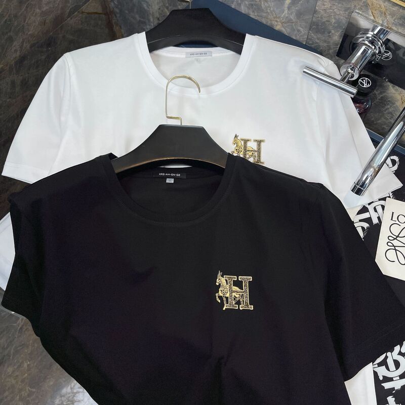 Compatible with Hermès Collaboration Men's Ice Silk Short-Sleeve T-Shirt, Round Neck, Thin Style, Summer European Fashion Base Shirt