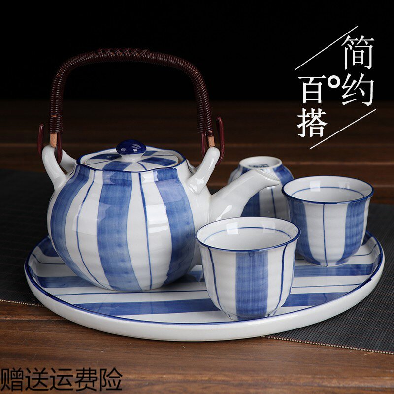 Tea set Chinese simple household lifting beam pot high-end tea porcelain tea pot flower tea set blue and white porcelain teapot set