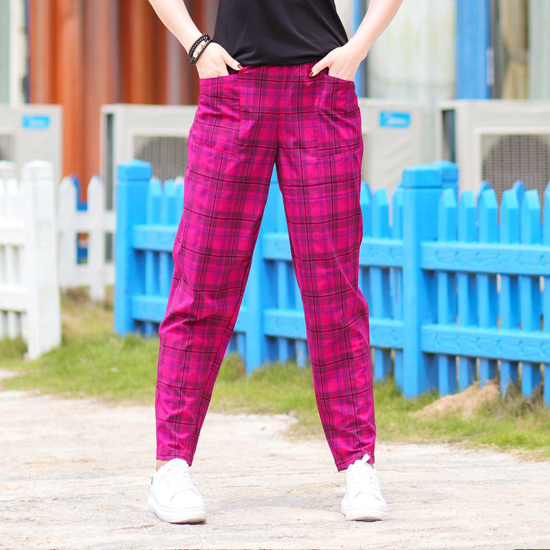 Outdoor plaid slacks loose sweating and breathable quick-dry pants elastic waist elastic wide leg pants nine-point Harlan trousers