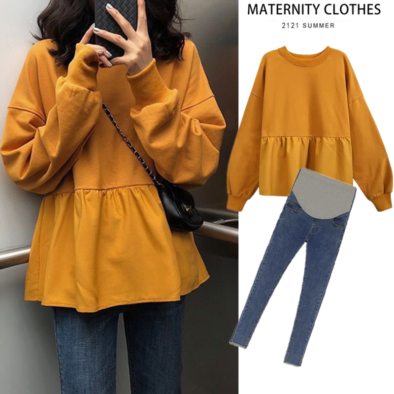 Pregnant women's autumn suits fashion net red spring and autumn Korean version long-sleeved doll shirt top loose sweater autumn two-piece set