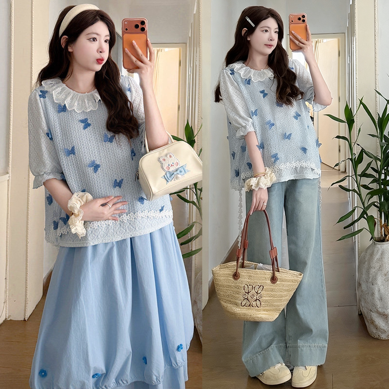 Maternity Summer Outfit Set, Stylish and Discreet, Short-Sleeve T-Shirt, Babydoll Top, Vest Two-Piece Set, Complete Set