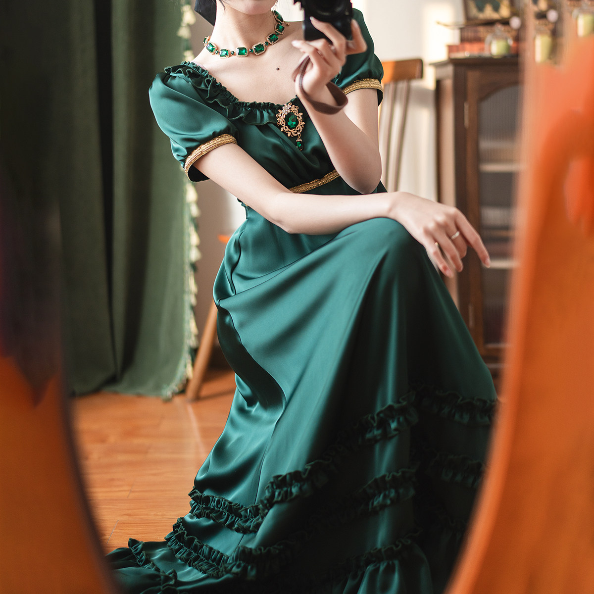[In Stock] Shimmering Gemstone Satin Empire Dress. By purchasing this item, you are implicitly agreeing to have viewed the product details page.
