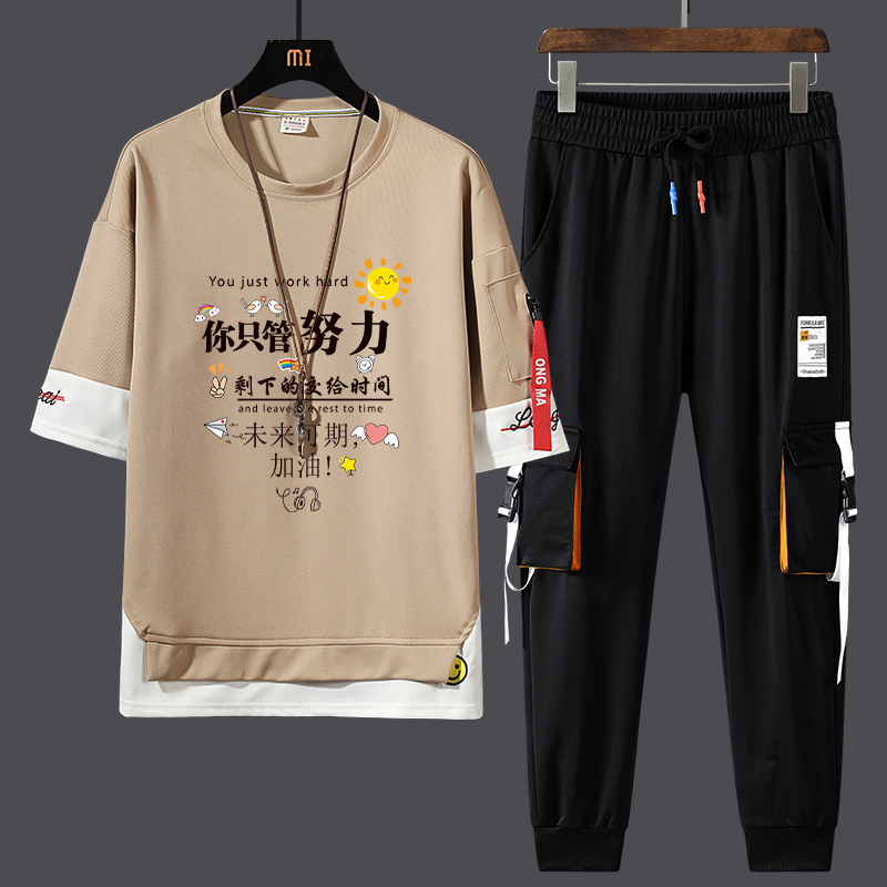 Short-Sleeved T-Shirt for Men, Summer Korean Style Trendy Half-Sleeve Top and Pants Set ins Trendy Brand Couple Outfit T-Shirt