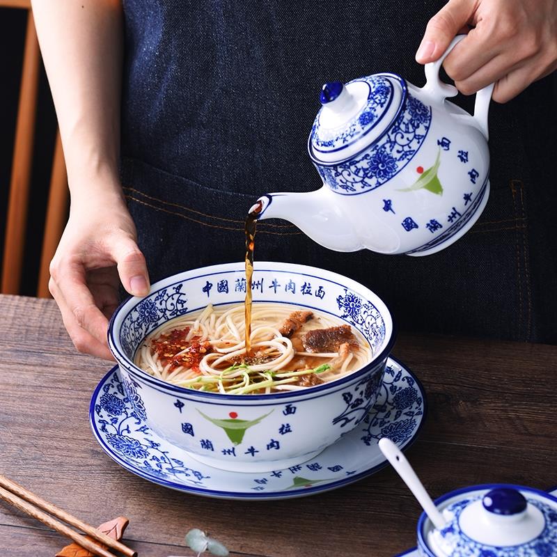 Green flower porcelain seawater bowl China Lanzhou beef noodles special bowl plate ceramic cutlery chili jar oil vinegar jar commercial