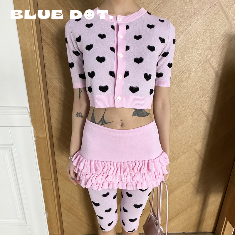 Bluedot Celine Kwan Love-Themed Short Knit Short-Sleeve Top, Mini Skirt, Knit Knee-Length Shorts