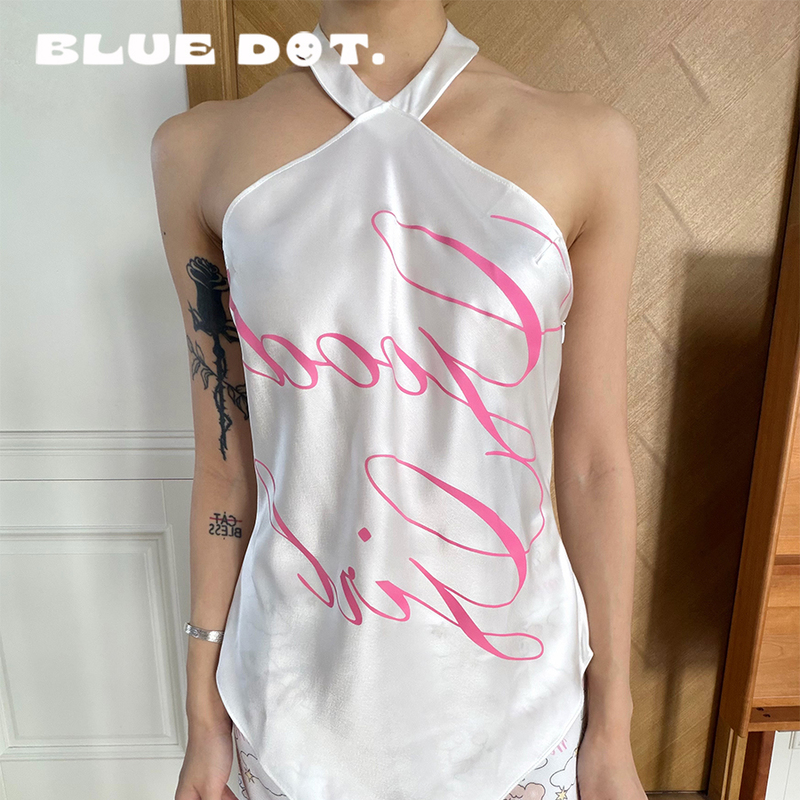 Bluedot Celine Kwan White Letter-Printed Backless Halter Top