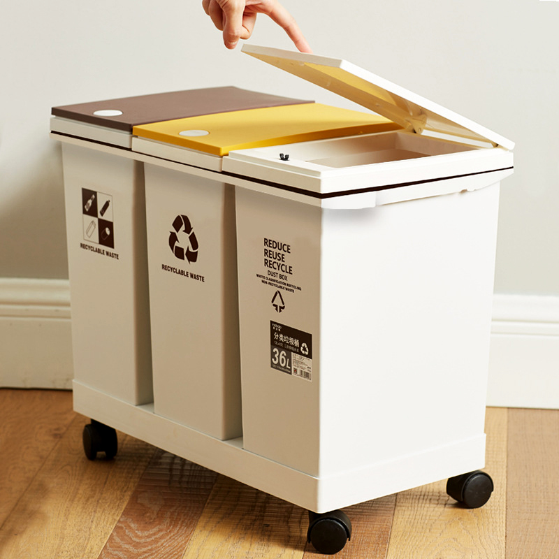 Garbage Sorting Trash Can for Home Use, Double Bin, Triple Bin, Universal Wheels, with Lid, Press-Type, for Living Room, Durable, Kitchen, Dry and Wet Separation