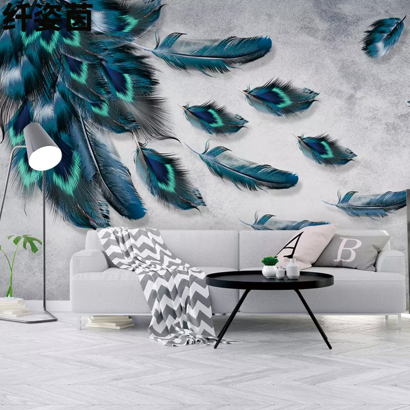 3D American colour hand-painted feather wallpaper cloth modern minimalist living-room TV background wall Bins net red mural