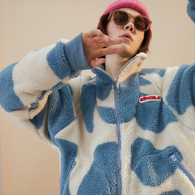 SENCE LA Blue and white cows patterned lamb suede cotton clothes Imitation lamb wool jacket Duo the same sum