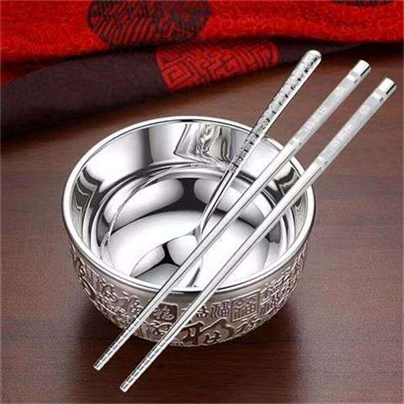 Great Deal: Silver-Plated Household Bowl, Chopsticks, and Spoon Three-Piece Set, Solid Silver Tableware Decoration Set