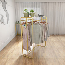 Clothing store island display floor-mounted double-row mens and womens golden wrought iron hanger childrens clothing shelf display rack