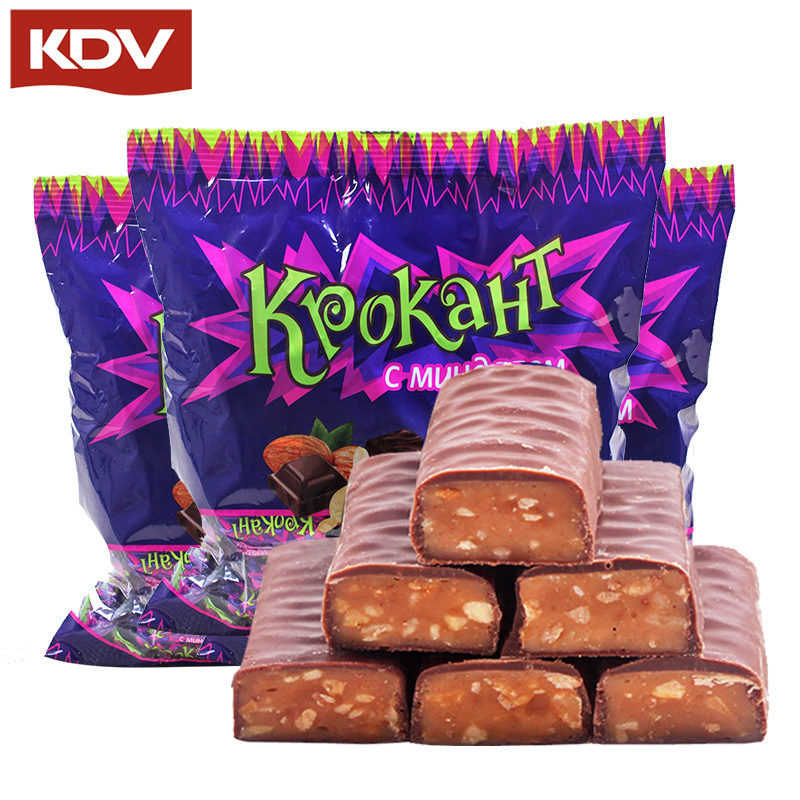 KDV俄罗斯进口紫皮糖巧克力糖扁桃仁夹心糖果喜糖零食500g包邮