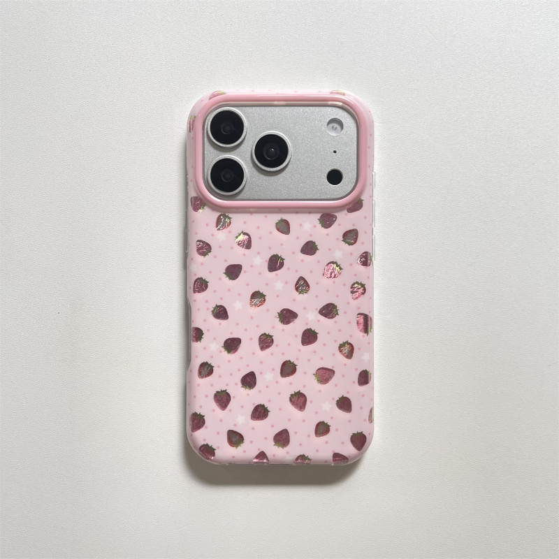 Summer Ins Pink Gilded Strawberry Case for Apple 17 Pro Max, iPhone 16 Pro Double-Layer New Model, 15 Pro Girly Style, 14 Protective Case, 13 New Model, 17 Niche, 17 Pro Female Model